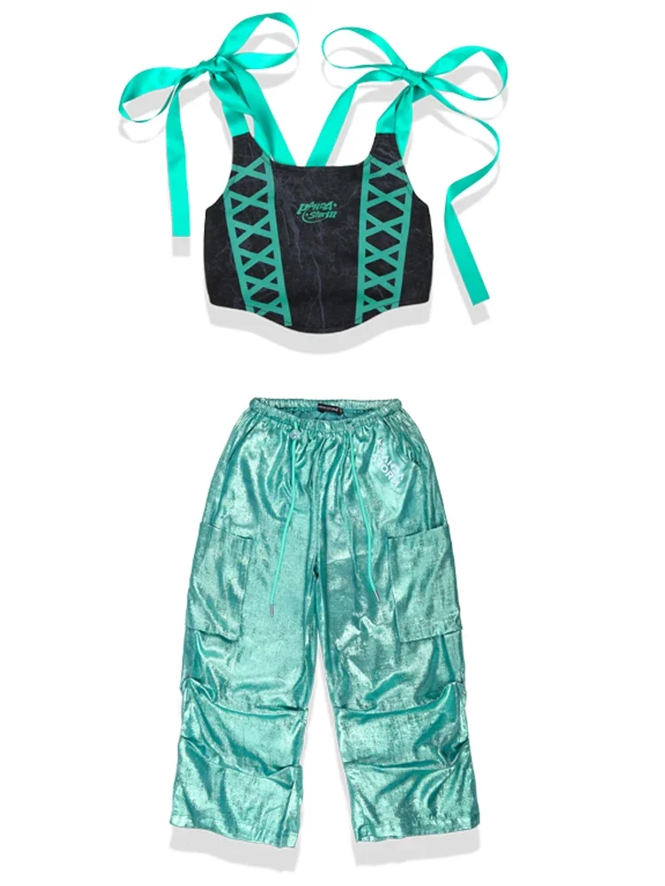 Meninas Roupas de Desempenho Hip Hop, Tops de Mangas Compridas, Calças Verdes, Roupa de Dança de Rua, Moda Infantil