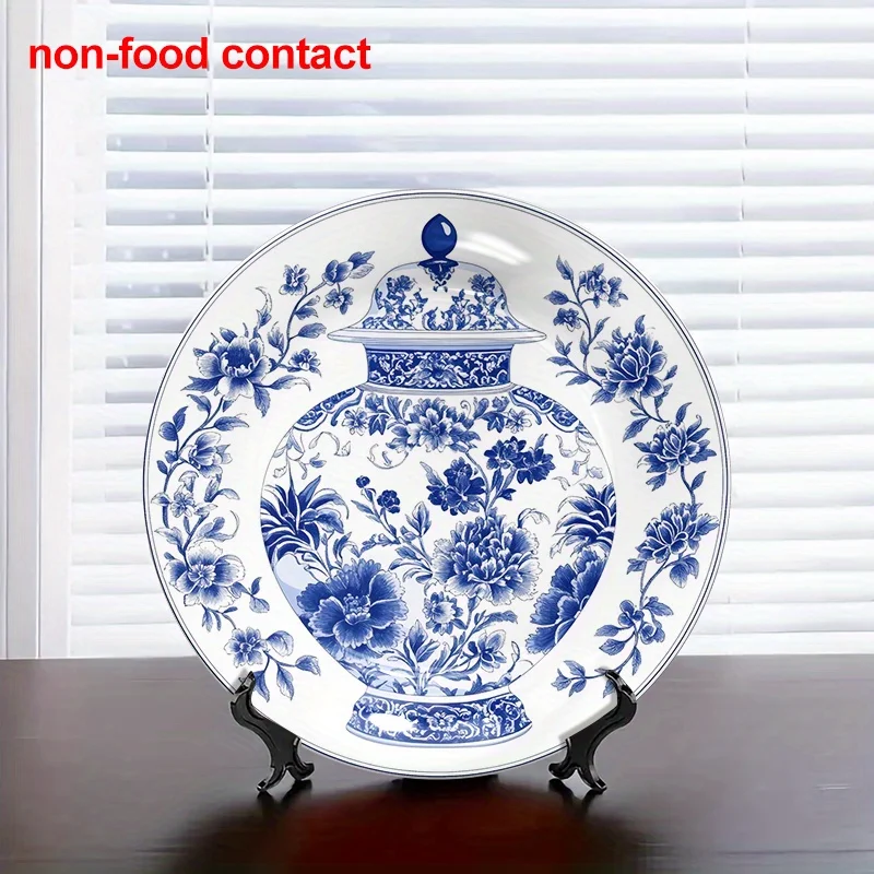 1pc Vintage Blue and White Porcelain Plate - Elegant Floral Wall Hanging Decor, Non-Food Contact Decoration for Home, Jewelry