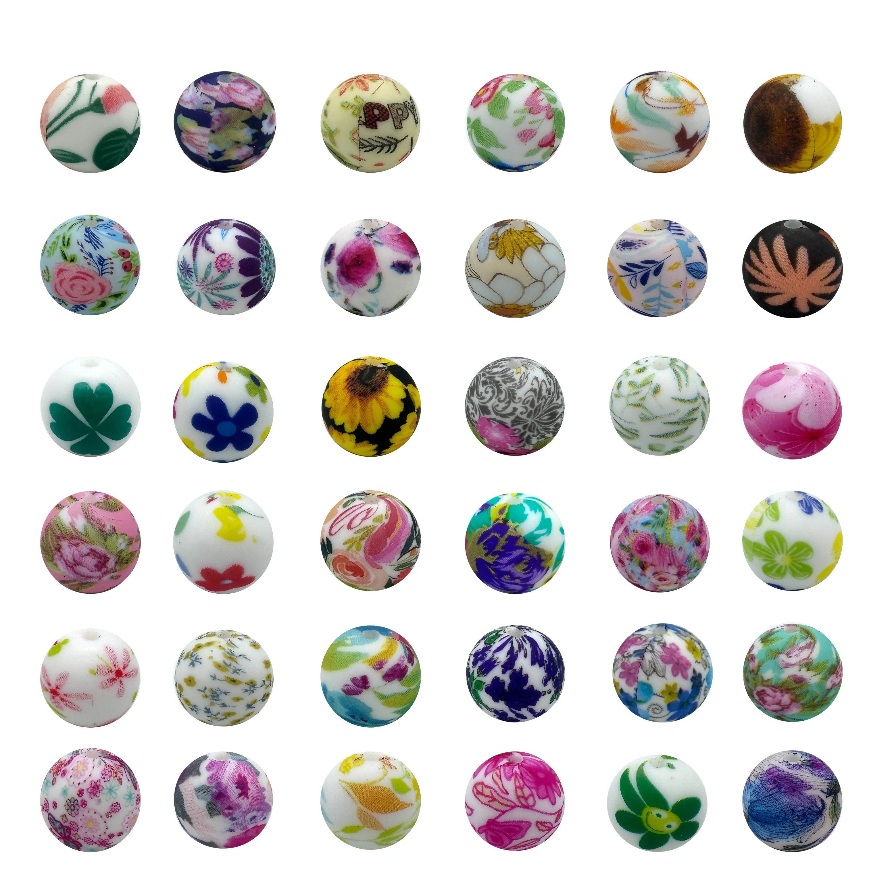 10 stuks 15 mm siliconen bedrukte kralen ronde bloemserie siliconen kralen DIY ketting plastic pen kraal sleutelhanger armband