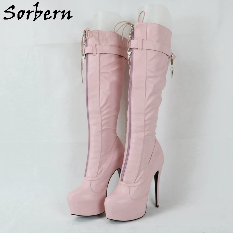 

Sorbern Lockable Zipper Knee High Boots Women High Heels Stilettos Platform Middle Lace Up Round Toe Custom Wide Or Slim Legs