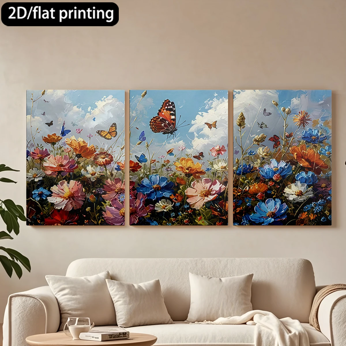

Декоративная картина на холсте в деревянной раме, 3 шт., цветочное поле, бабочки, солнечное небо. Декор для коридора, гостиной.