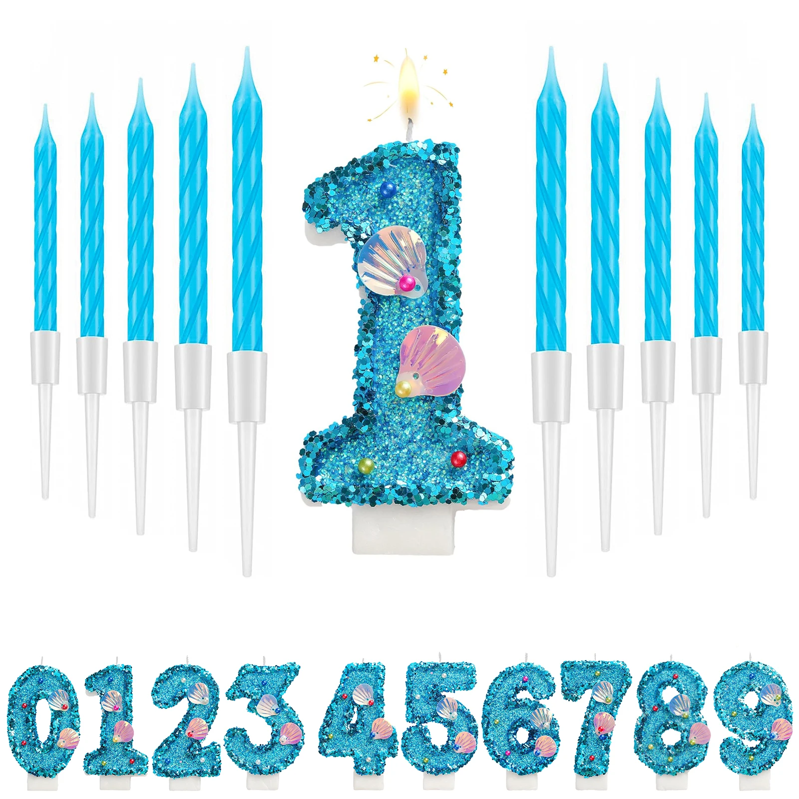 11pcs Blue Number Candle,Shell Sequins Number Candles for Birthday Cakes Mermaid Themed Party Supplies Number 0-9 Candle
