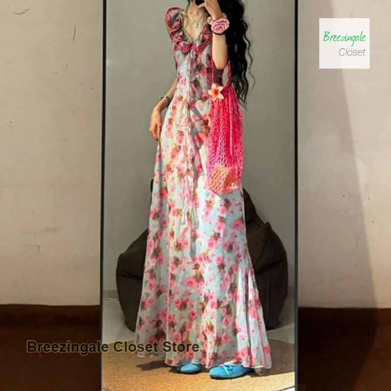 

French tea break V-neck floral dress female summer seaside holiday beautiful unique beautiful waist temperament long skirt