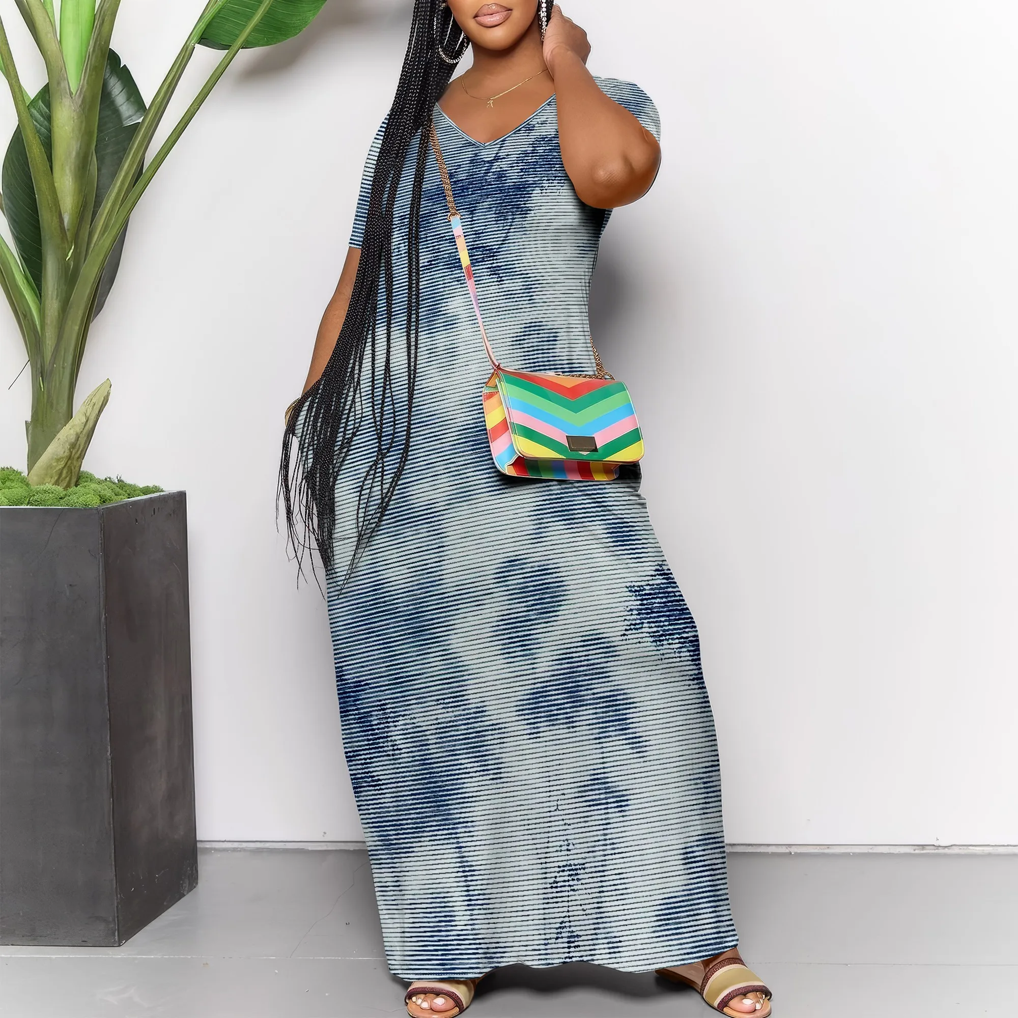 

Denim Blue Tie Dye V-Neck Maxi Dress Short Sleeve Loose Casual Summer Outfit