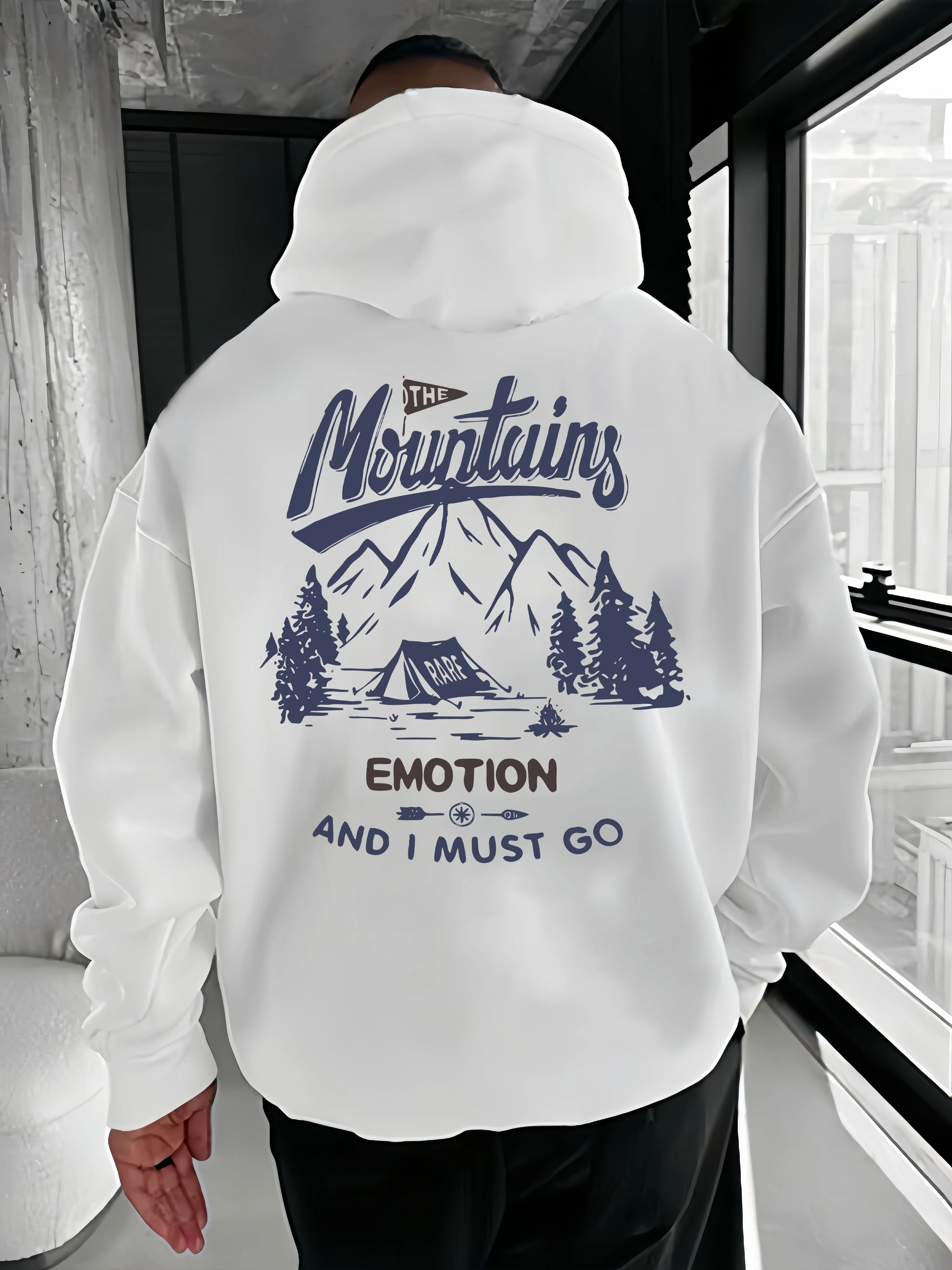 Outdoor camping men's hooded sweater with mountain and forest tent scenery print, kangaroo pocket pullover hoodie sweater