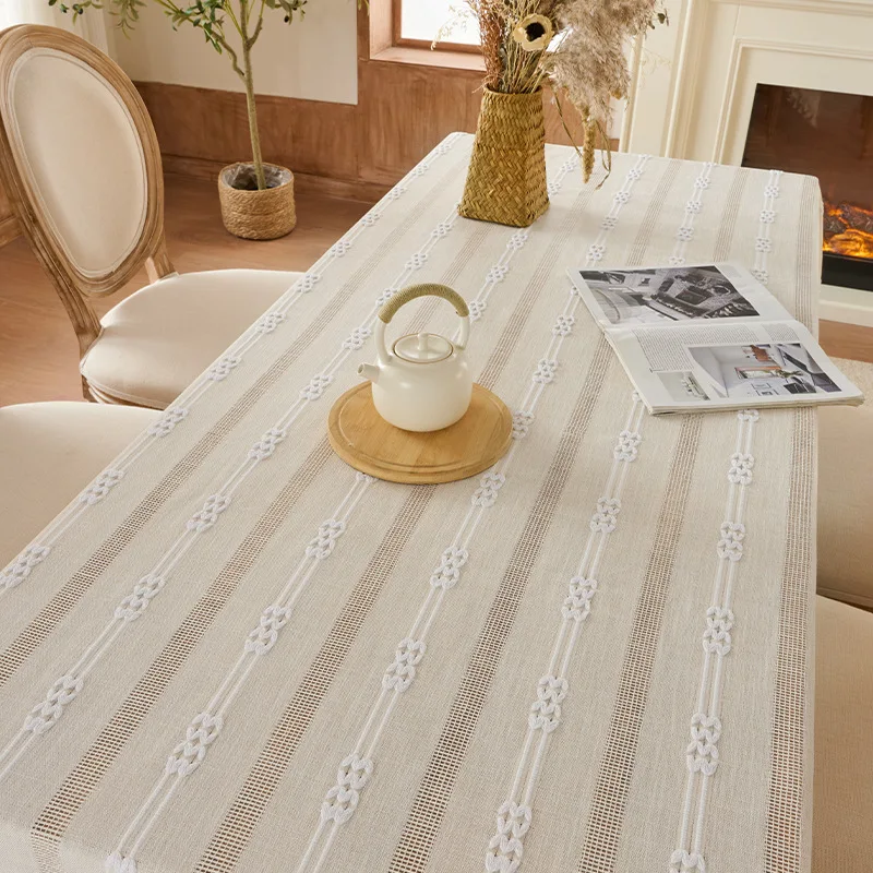 

2026 1PC Rectangular Hollowed Out Jacquard Tassel Tablecloth Dust-Proof Table Cover for Kitchen Dinning Tabletop Decoration