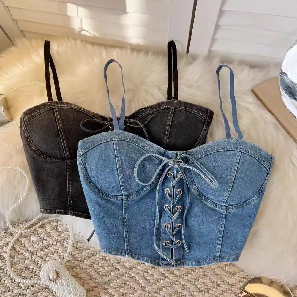 

American Fashion Lace Up Drawstring Short Round Neck Denim Camisole Niche Vest Versatile Strapless Female Clothing