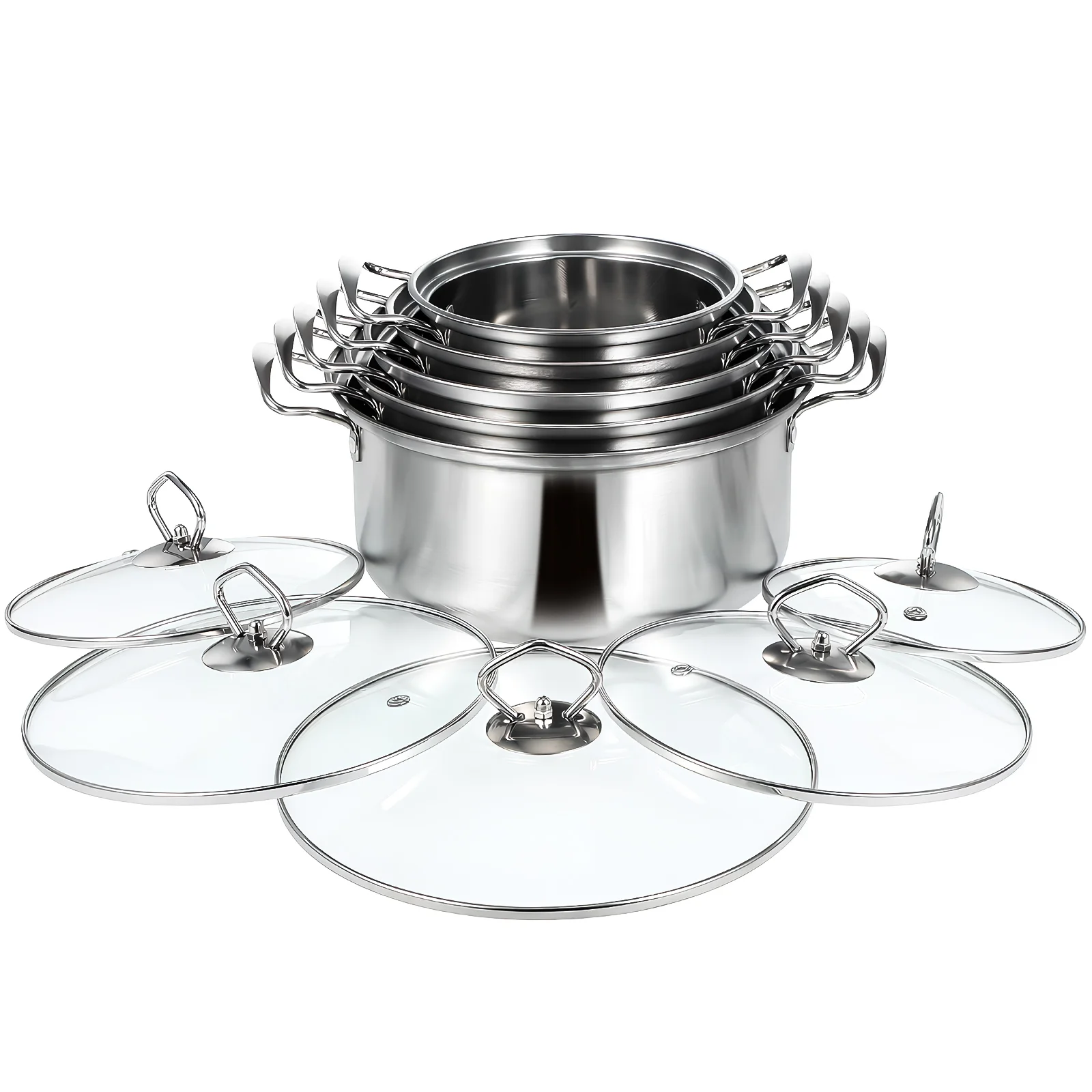 

5 Sets Stainless Steel Double Ear Soup Pot with Lid Induction Cooking Ramen Noodle Pasta Sauce Cover Pans Large Handle