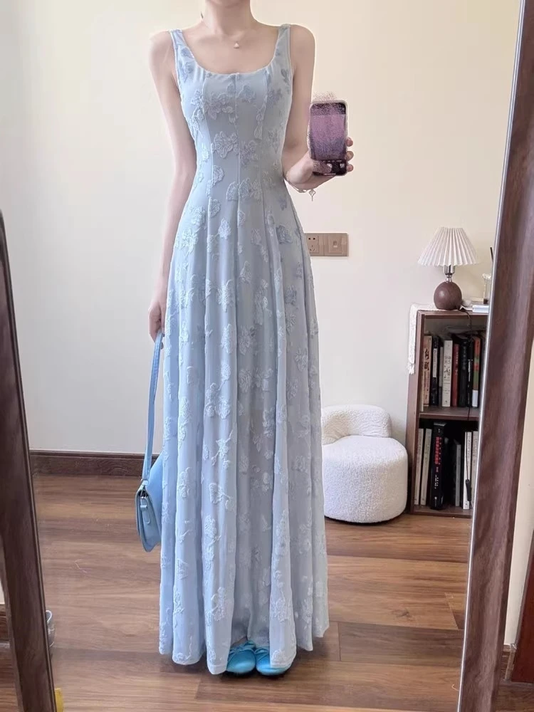 กระโปรงทรงเอเอไลน์เอวสูงแบบมีซิปสำหรับผู้หญิง ดีไซน์สายเดี่ยว สไตล์ลำลอง เหมาะสำหรับใส่ไปเที่ยวทะเล รุ่น Ele Blue Summer Long Dr