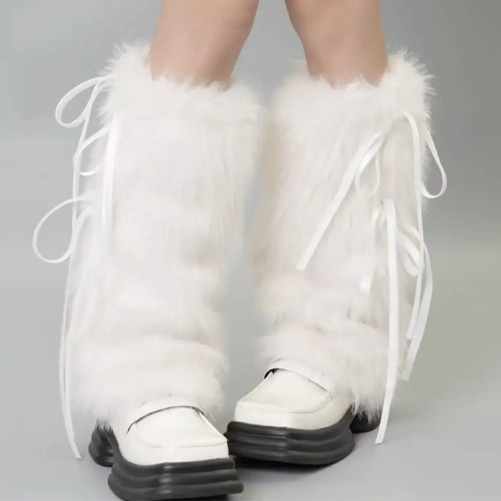 

Solid Color Faux Fur Furry Leg Warmers Y2k JK Lace Up Leg Warmers Spicy Girl Knee High Long Stockings Fall Winter