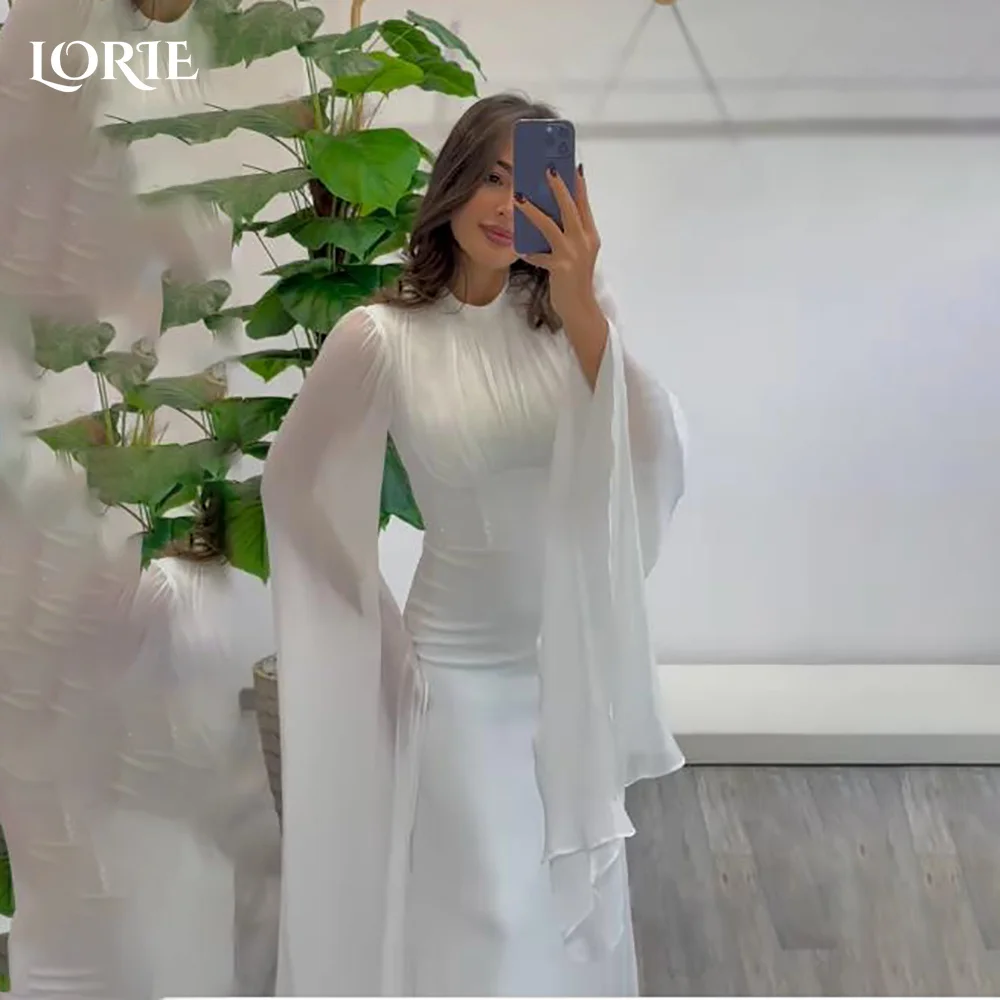 LORIE Muslim Wedding Dress Shiny Long Sleeve Satin Bridal Gown Customized High Collar Floor Lenth Bride Dress Saudi Dress Dubai