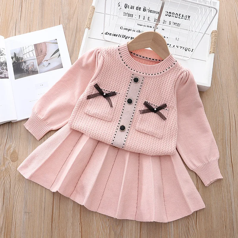 Childrens Sets Girl Korean Knitting Girl Code Round Neck Sweater Pleated Skirt Two Pieces Simple 2024 Round Collar Striped