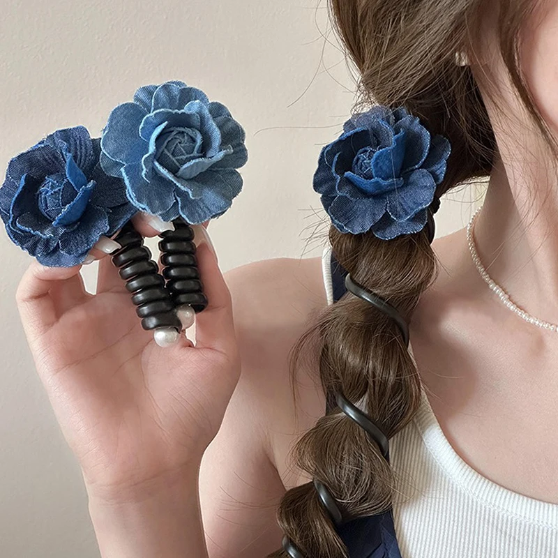 

Cowboy Blue Flower Phone Line Hairband Tie Hair With Elastic Rubber Bands Personalized Hair Braiding Artifact Headflower