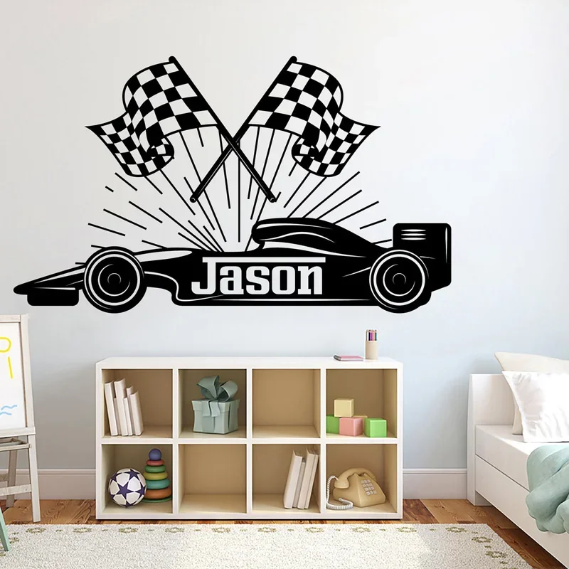 Large Custom Name Racing Car Tire Checkered Flags Wall Decal Wheel F1 Decal Personalized Racing Car Flag Vinyl Wall Sticker E557