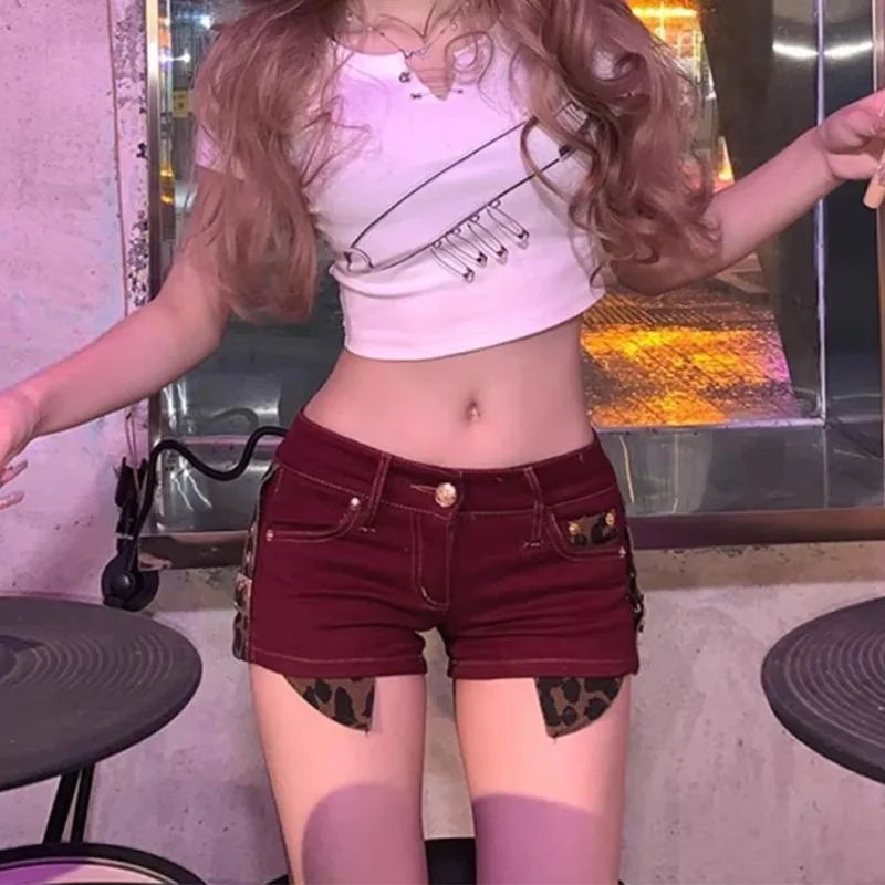 

Джинсы женские, сексуальные облегающие шорты с низкой талией Y2k E-Girl, лоскутные джинсы с леопардовым принтом, новинка лета 2025, универсальные популярные короткие брюки