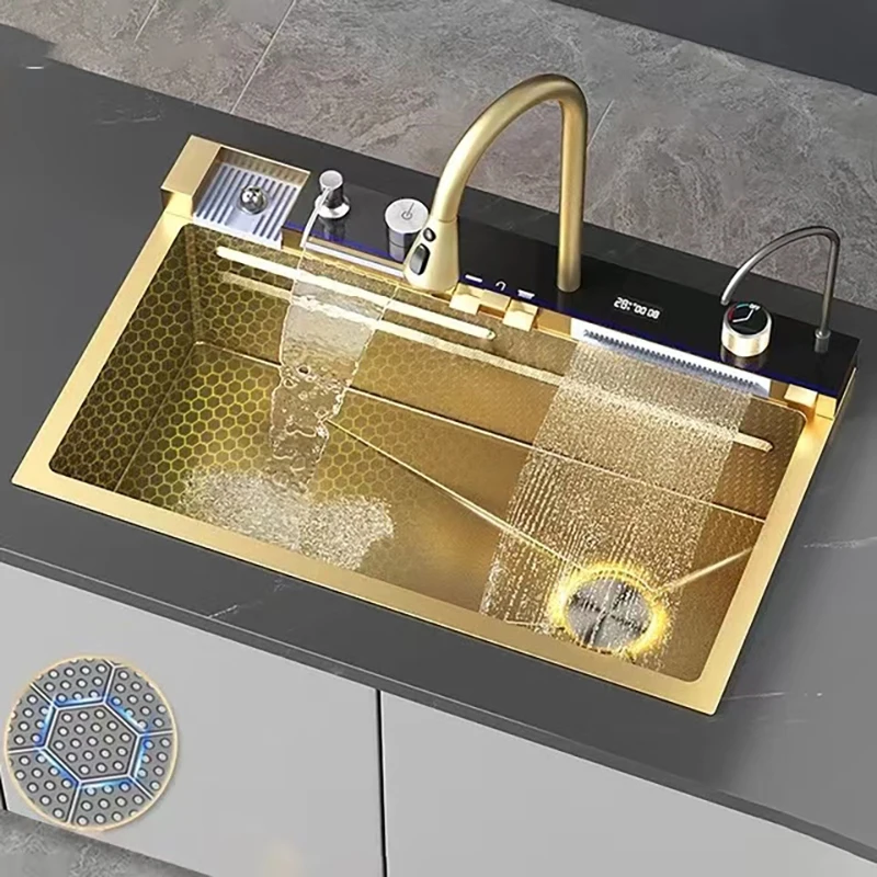 Golden stainless steel digital display kitchen sink double waterfall sink with large Single Slot Wash Basin