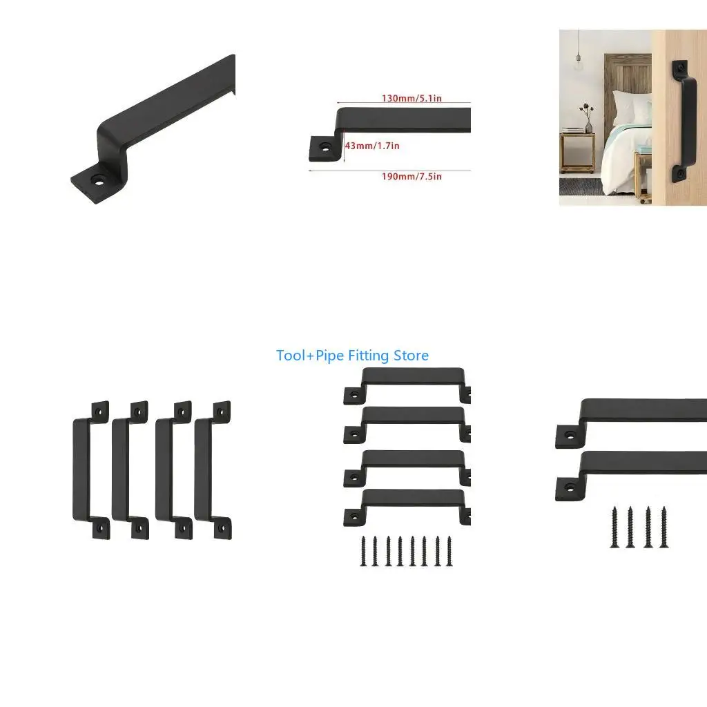 F92B 2/4Pcs Black Barn Door Handle Wardrobe Cabinet Door Pulls Iron Sliding Door Handle with Screws Furniture Accessories