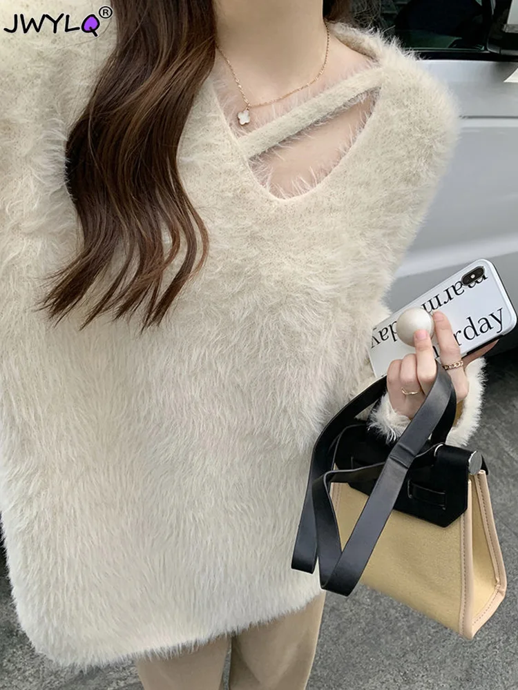 

New Autumn Mink Velvet Sweater White Cropped Pullovers Woman Korean Fashion Furry Coat All Match Elegant V-neck Long Sleeve Tops