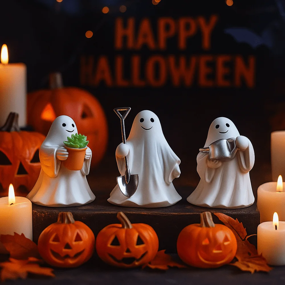 

3pcs Cute Design Ghost Ornaments Resin Material Spooky Style Halloween Ghost Figurines Cartoon Shape Resin Gardening Statue