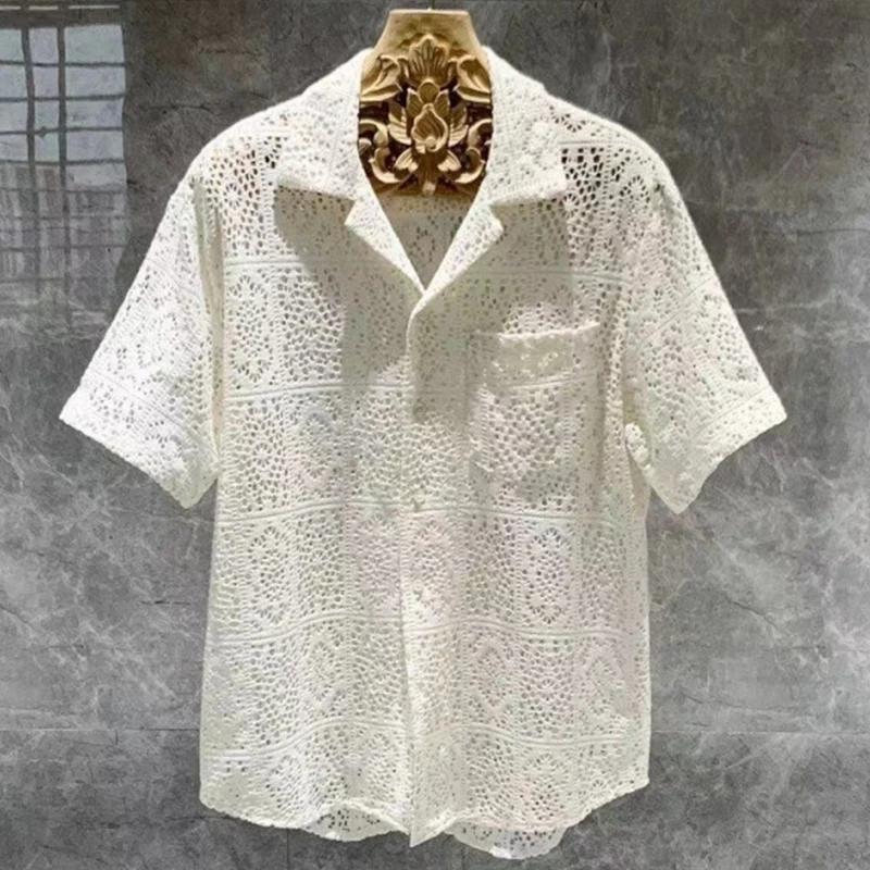 

Summer men's mesh hollow short sleeved shirt, loose, casual, breathable, high-end men's beach street sexy top