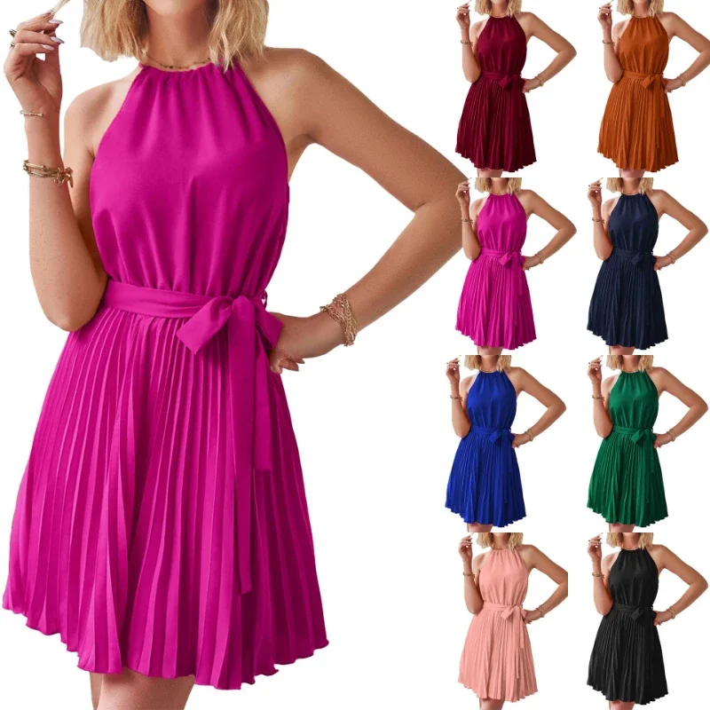 

Popular summer casual halter A-line skirt sleeveless belt pleated skirt beach mini dress