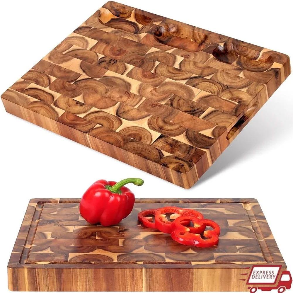 

Acacia Wood End Grain Cutting Board Large Reversible Butcher Block with Juice Groove Built-in Handle Multipurpose Chopping Tray