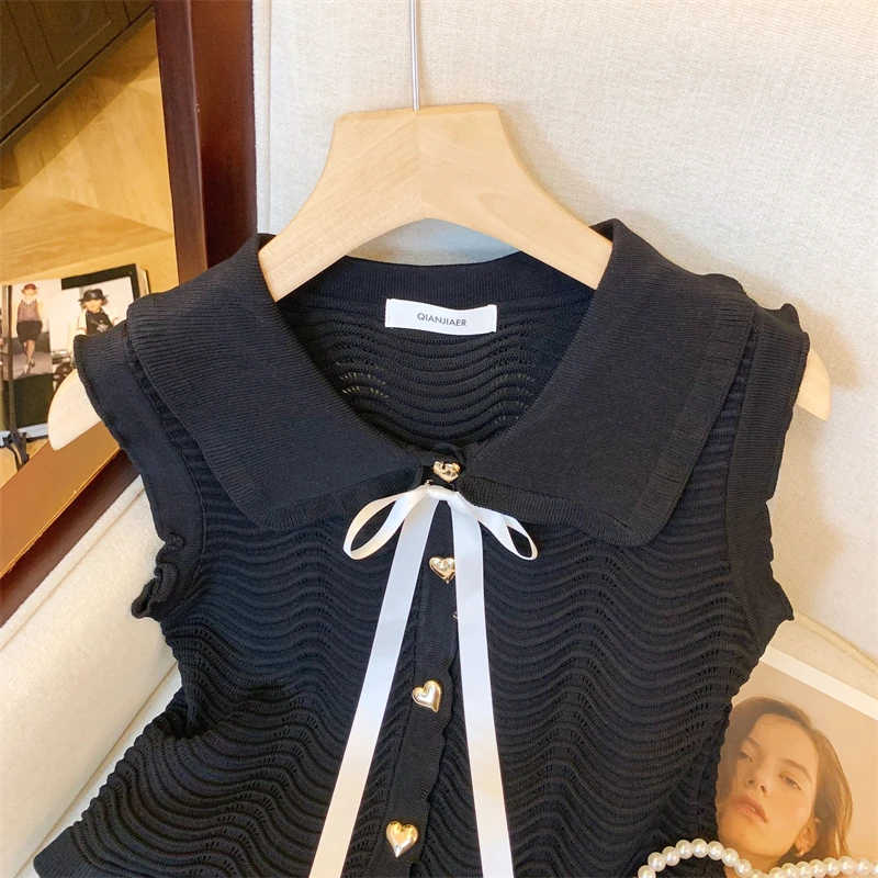 Sexy Korean Sweater Vests Women Summer Stylish Fashion Chic Ladies Tops Tees Sleeveless Single-breasted Bow Ruffles Knitwear