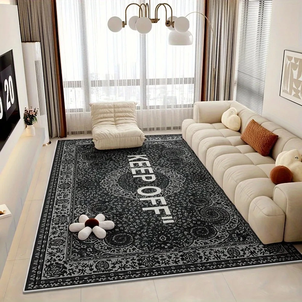 Moderne Kunst "KEEP OFF" Vintage Schwarz-Weiß-Teppich, Teppich für Wohnzimmer, Heimdekoration, moderne Bodenmatte, Schlafzimmerdekoration, rutschfest