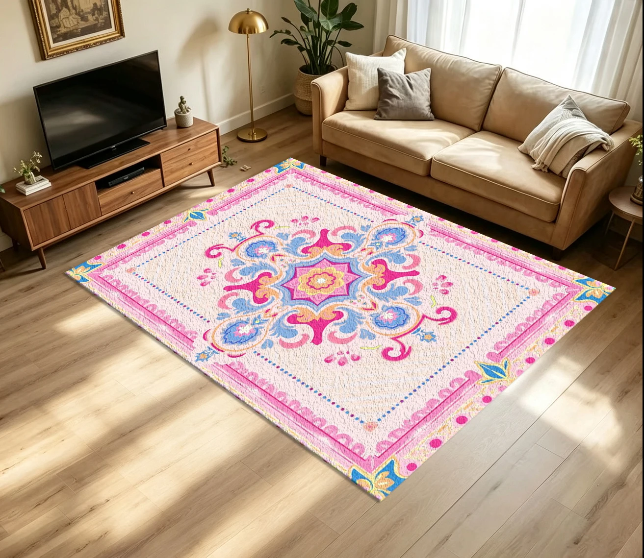 Vibrant Pink Bohemian Medallion Carpet Flooring Colorful Ornate Border Printed Floor Rug for Household Living Room Home Ornament