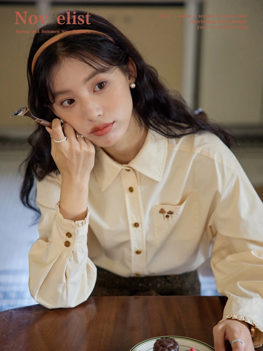 

Женская повседневная блузка Nov Et с вышивкой, длинным рукавом, дизайном «деревянное ухо», из смесового хлопка, удобная посадка, модный стиль для поездок на работу