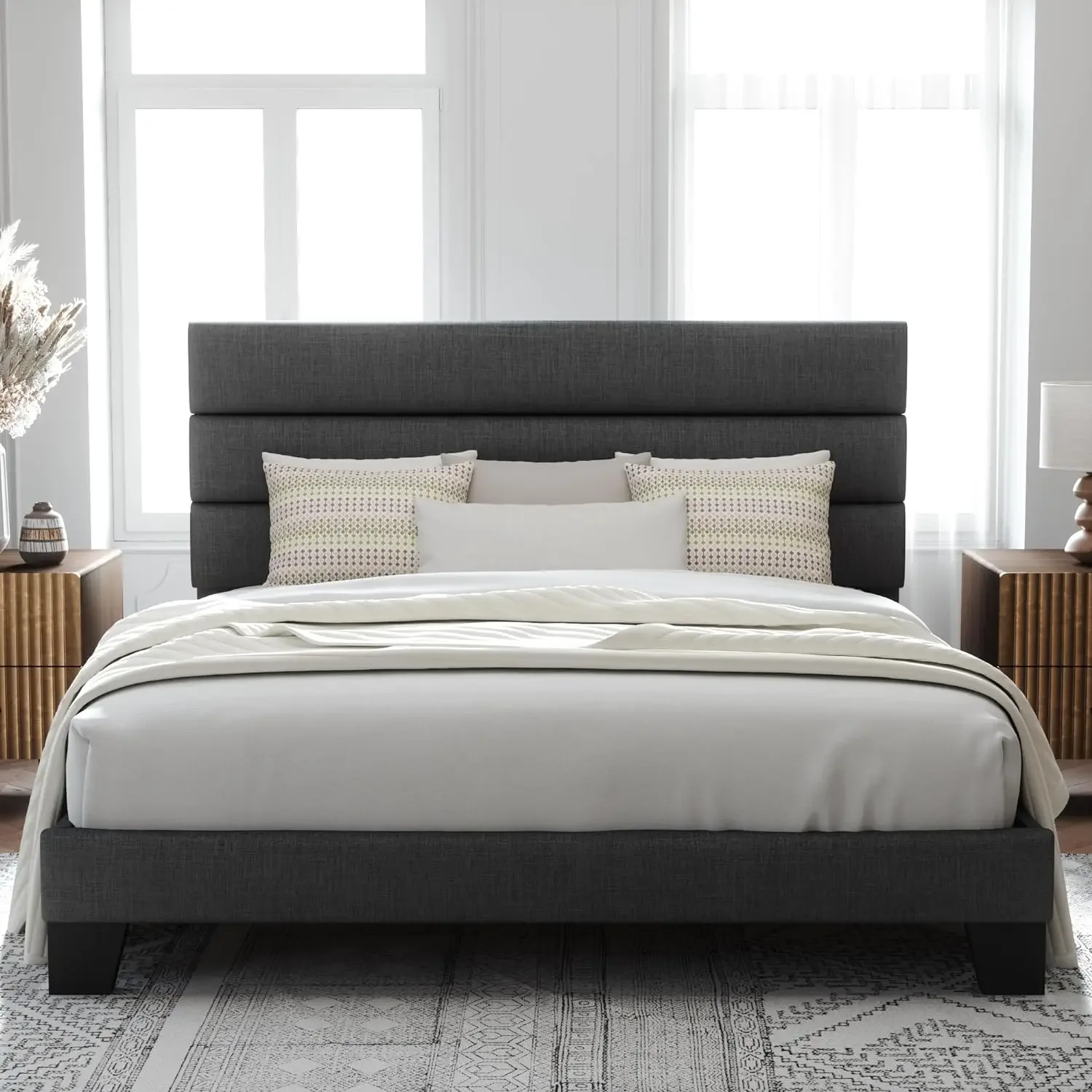 Allewie King Bed Frame Platform Bed with Fabric Upholstered Headboard and Wooden Slats Support, Fully Upholstered Mattress Found