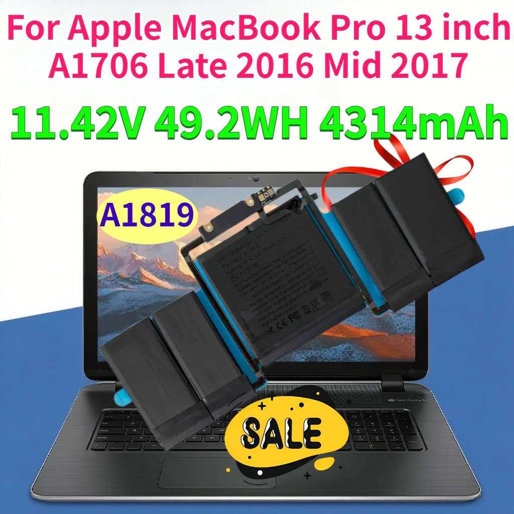 4314mAh A1819 Laptop Battery for Apple MacBook Pro 13 inch A1706 Late 2016 Mid 2017 11.42V 49.2WH Batteries Compatible