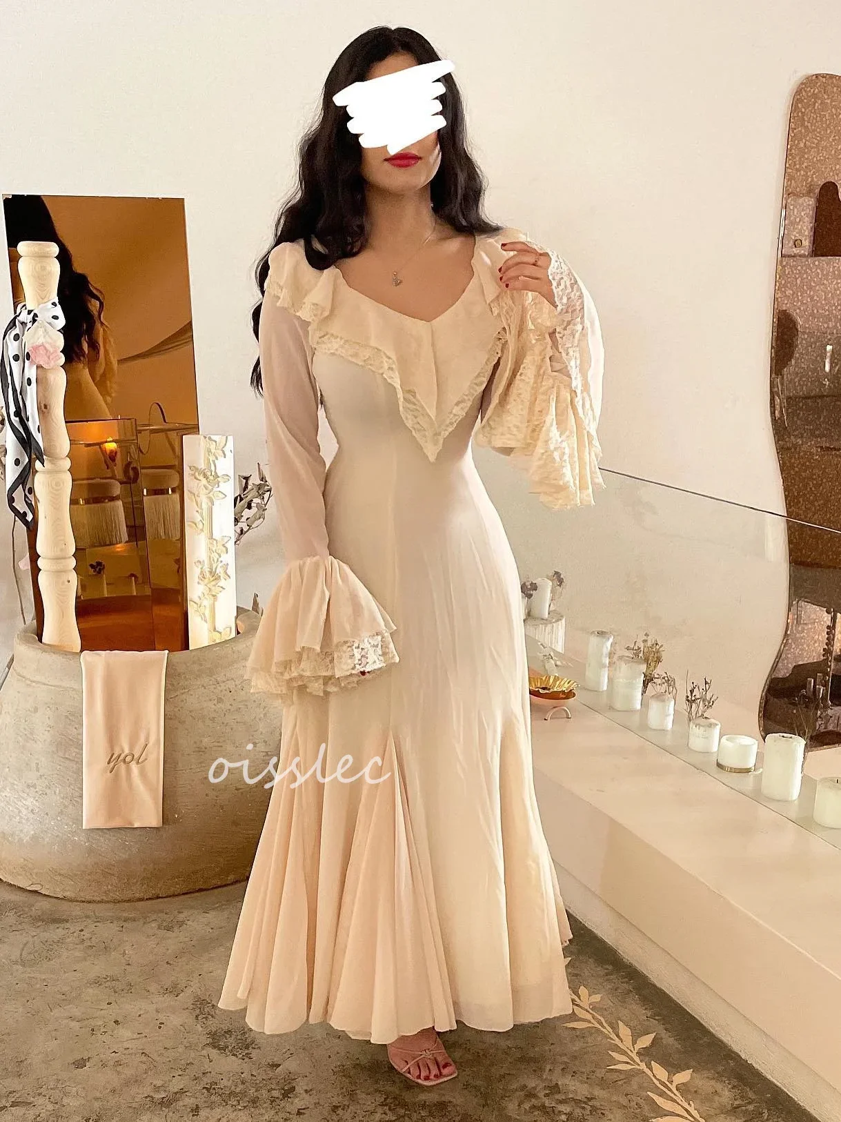 

Oisslec Simple Saudi Arabia Lace Ruffled Long Sleeve Vestidos De Noche A-Line Pleated Chiffon V-Neck Prom Dress Ankle-Length