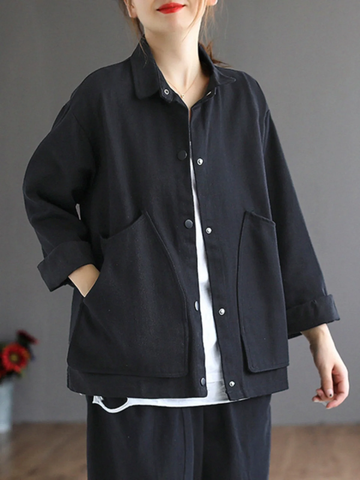 

Pure Cotton Casual ort Jaet Women's Workwear Coat with kets Button up Loose Fit Regular Sve Long Autumn Outerwear