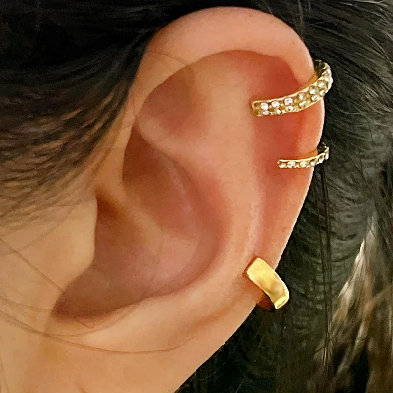 3Pcs Simple Crystal Ear Cuff For Women Teens Gold Silver Color Non Piercing Fake Cartilage Clip Earrings Set Fashion Jewelry