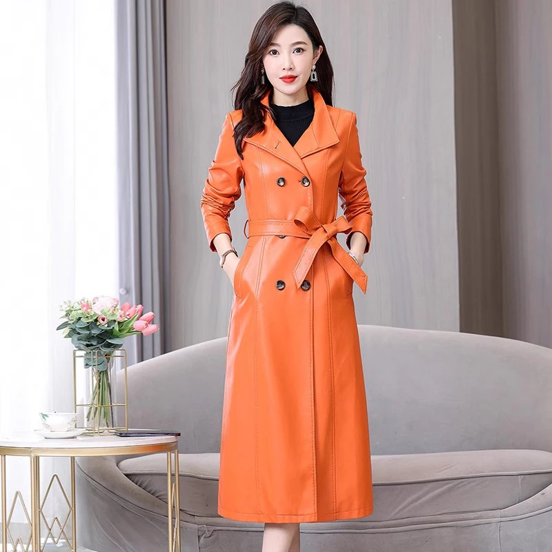 Nouveau Femmes Trench-coat en cuir Automne Hiver Mode Col montant Double boutonnage À Lacets Mince Manteau long en cuir Cuir fendu