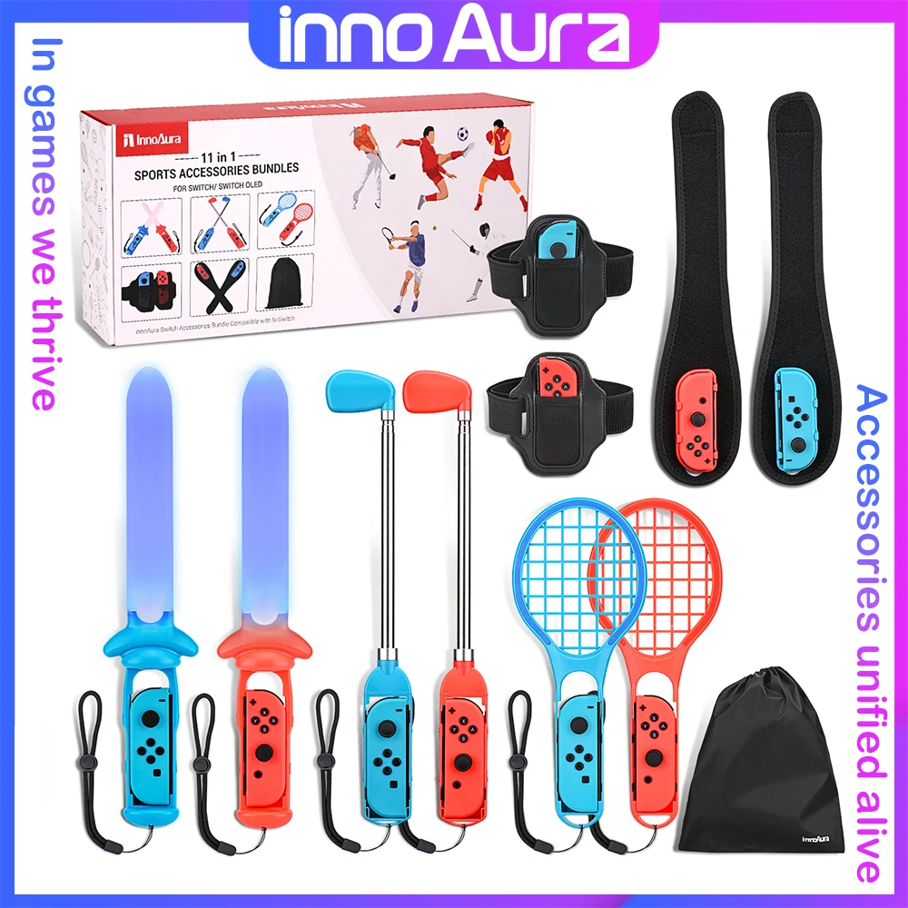 innoaura Switch Sports Accessory Set for Switch/OLED with Switch Tennis Rackets, Golf Clubs, Swords, Wrist Straps, Leg Straps