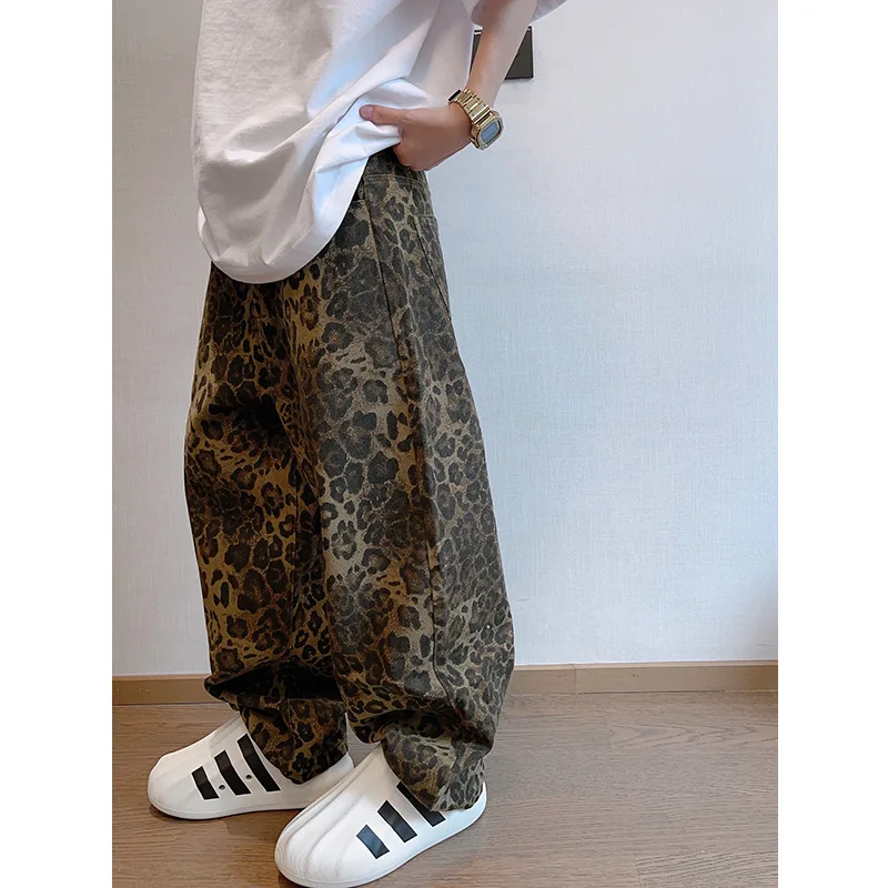 Cargo Pants Men Casual Trousers Loose Leopard Print Jeans Vintage Denim Ankle Length Pants Men Harem Pants Hip Hop Streetwear