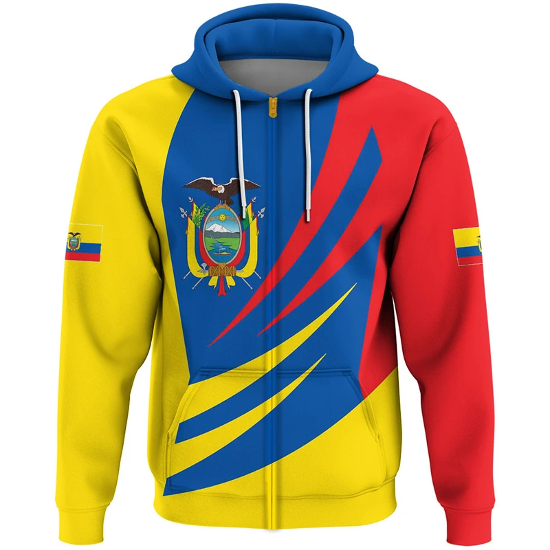 Ecuador Flag Map Graphic Sweatshirts Ecuadorian National Emblem Zip Up Hoodie For Men Clothes Casual Male Hoody Sport Pullovers