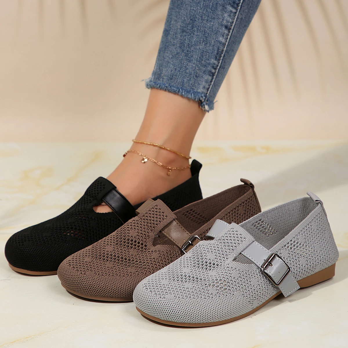 Sepatu wanita Flat, sepatu loafer wanita kualitas baru 2024, sepatu Flat wanita, modis, warna Solid, gesper jala, nyaman, sepatu Slip-on datar