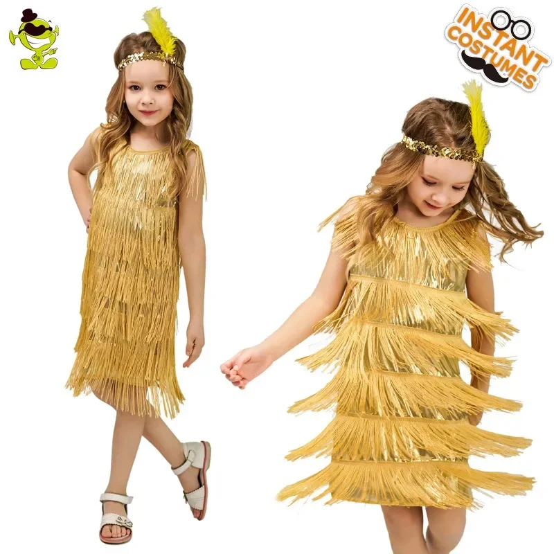 Kids dresses for girls Latin dance dress ballroom competition fringe tassel stage performance clothing 1920s Gatsby costumes