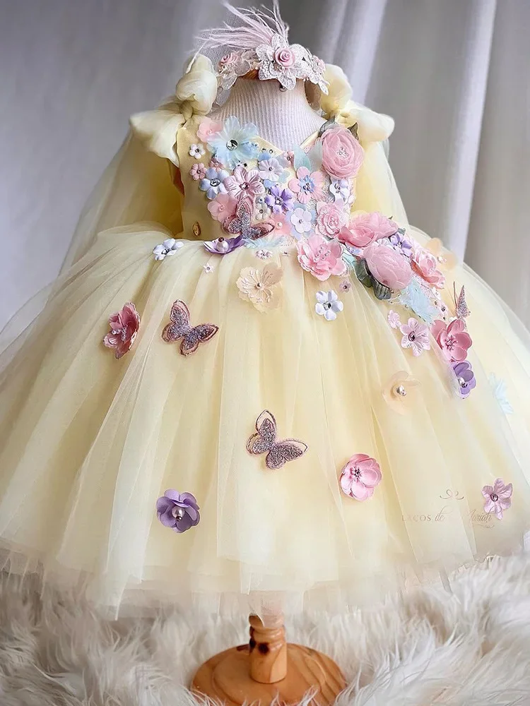 Lovely Appliques 3D Butterfly Flower Girl Dress For Wedding Children's Elegant Birthday Party Ball Gown 1-12 Years
