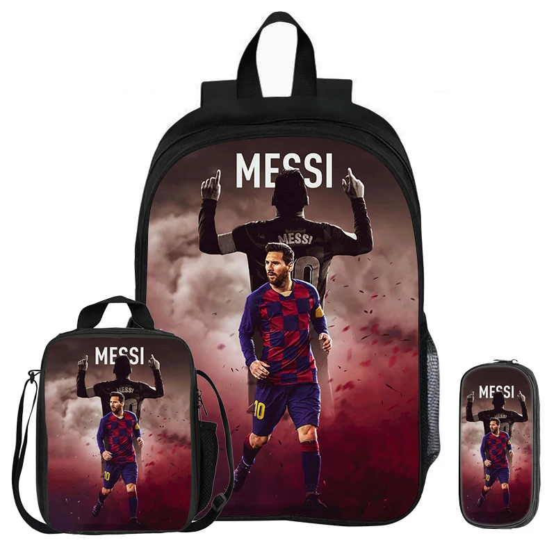 3Pcs Set Backpack M-Messi School Football Star with Lunch bag Sports Knapsack child Rucksack Pencil Bags Bookbag Kids Gift