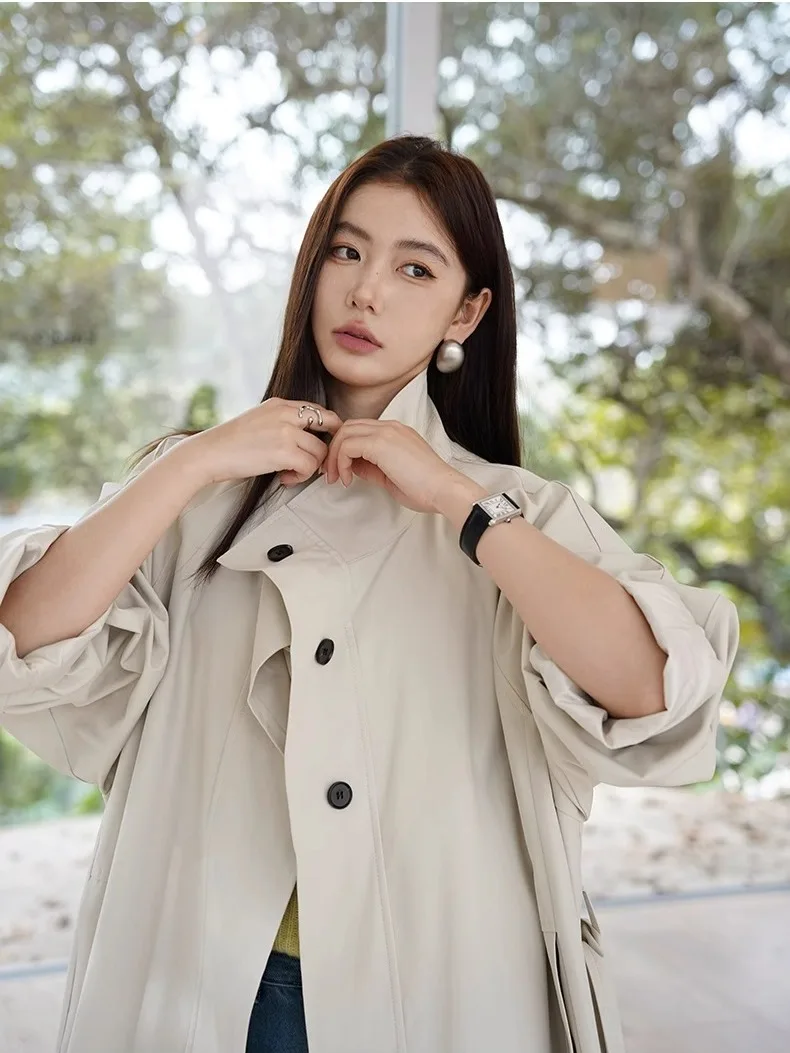 

Women'S Trench Coat Splicing White Faionable Thin Windbreak Turndown Beige Small Blue Cinching Overcoats Stand-Up Cinch Workwear