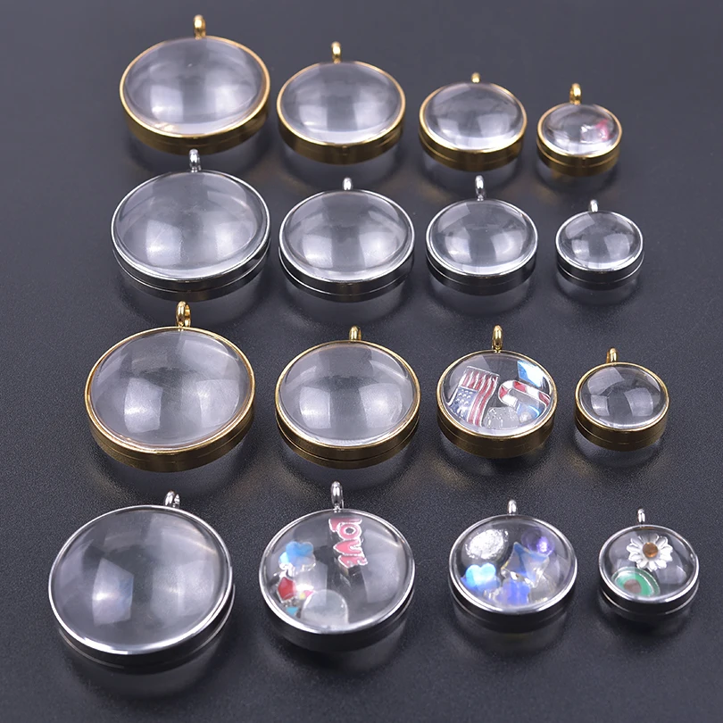 1Pc 15-30mm Glass Floating Double Curved Medallion Pendant Stainless Steel Diy Round Ashes Coin Holder Locket Colgantes Jewelry