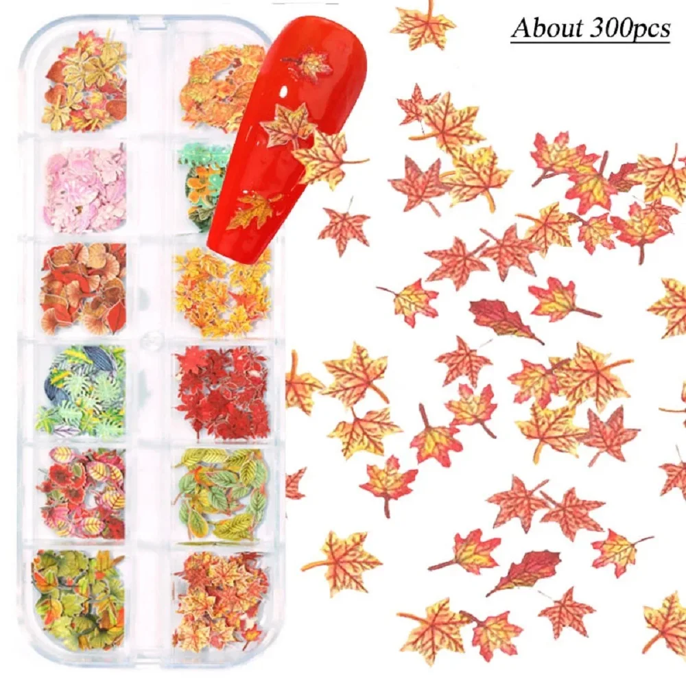 12 Grid Fallen Leaves Flowers Sequins Wood Pulp Sheet Nail Charm Autumn Decoration Mixed Leaf Defoliation Flake Nail Accessories