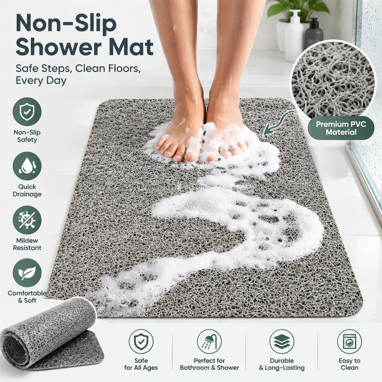 Thickened PVC Loofah Shower Mat Anti Slip Bath Rug with 200+ Suction Cups Odorless Hollow Out Drain Mat for Bathroom Shower Tub