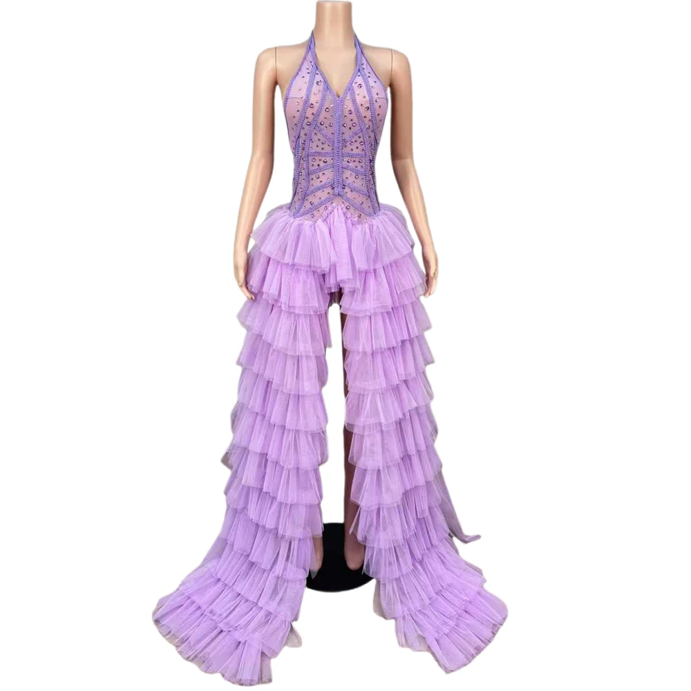 

Sparkly Rhinestones V Neck Backless Sheer Long Dress Women Sexy Mesh Transparent Celebrate Wedding Evening Prom Birthday Dress