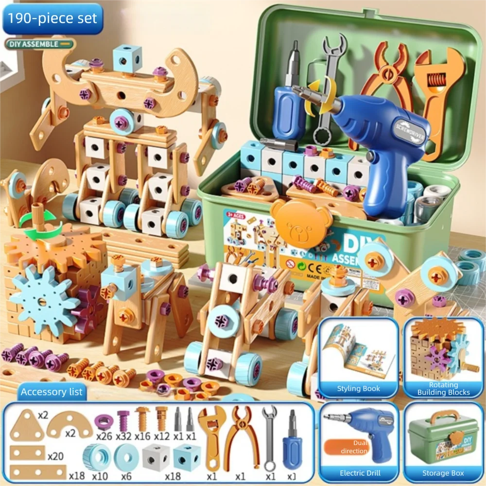 190 stuks DIY kinderreparatie gereedschapskist met schroevendraaier en boor elektrische boor hand demontage montage puzzel grappig