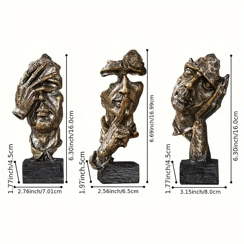 Thinker Statue, Silence Is Gold Abstract Art Statue, Can't Hear, Can't See, Can't Talk, Modern Resin Home Sculpture